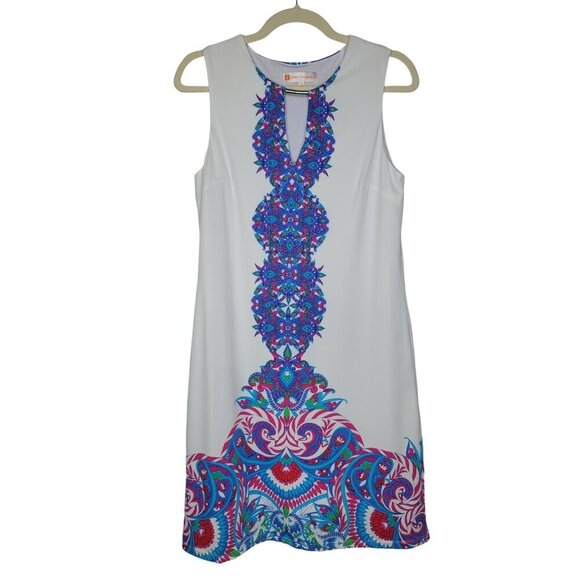Jude Connally Dress M White Colorful Moroccan Border Stretch Comfy Jersey Knit - Picture 1 of 12